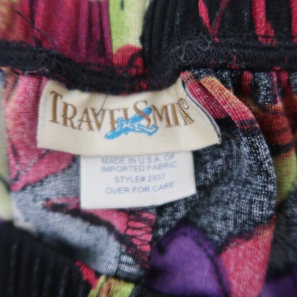 Vintage 90s TravelSmith Black and Purple Hibiscus Floral Slinky Wide Leg Pants M - Picture 4 of 5